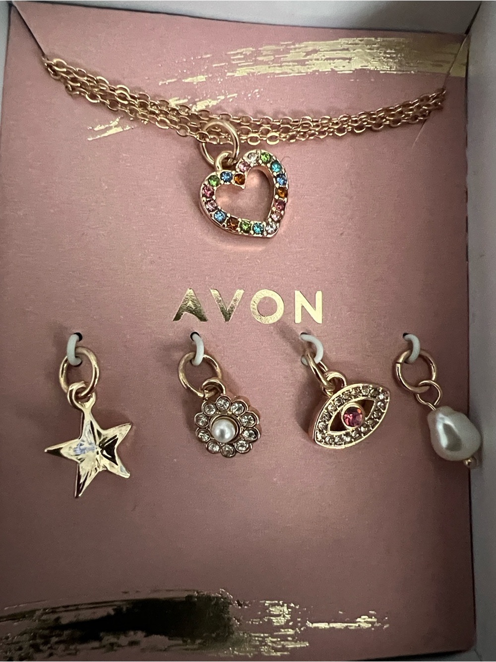 Avon Gold-Tone Heart Pendant Necklace with Multicolor Crystal Charms Vintage